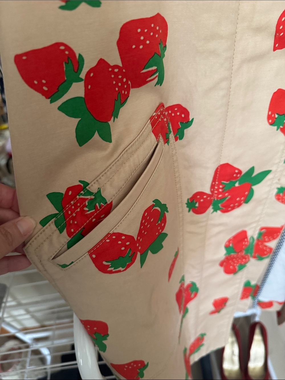 Anthropologie / Maeve Beige Trench Coat with Red & Green Strawberry Print - Picture 5 of 9